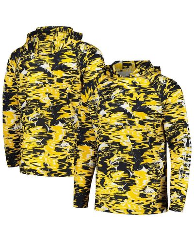 Columbia Michigan Wolverines Pfg Terminal Tackle Omni-shade Rippled Long Sleeve Hooded T-shirt - Yellow