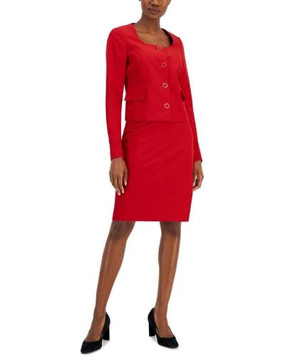 Nipon Boutique Scoop-neck Jacket & Pencil Skirt Suit - Red