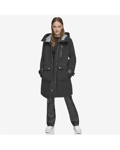 Andrew Marc Gemas Lightweight Parka Coat With Matte Shell And Faux Leather Details - Black