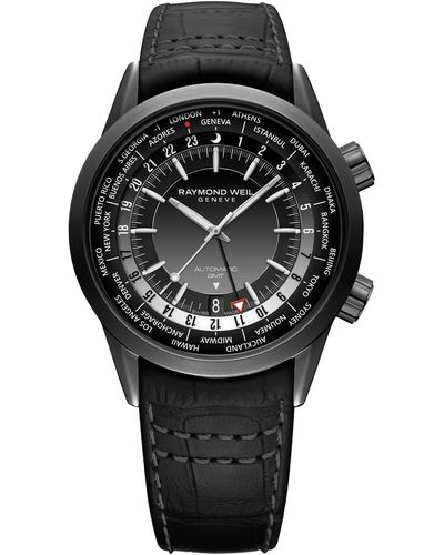 Raymond Weil Swiss Automatic Freelancer Gmt Leather Strap Watch 41mm - Black