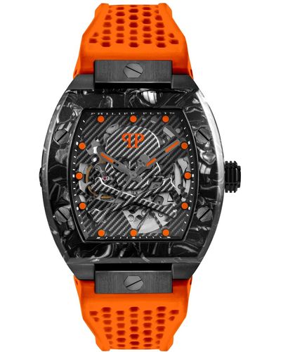 Philipp Plein Automatic The $keleton Sport Master Orange Perforated Silicone Strap Watch 44x56mm - Black