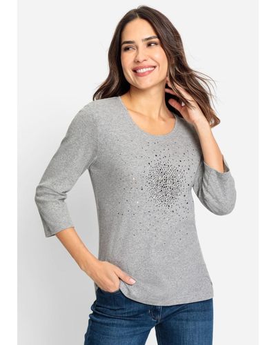 Olsen 100% Cotton 3/4 Sleeve Studded T-shirt - Gray