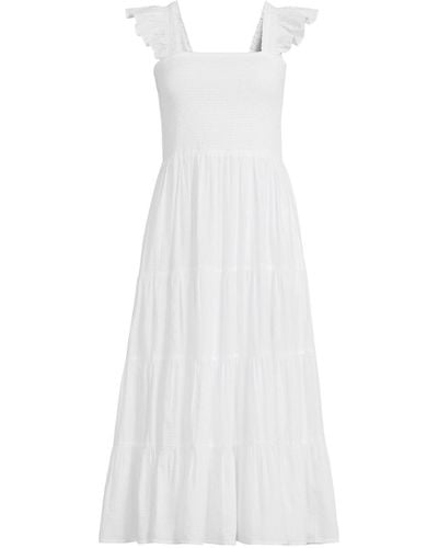 Lands' End Cotton Dobby Smocked Dress - White