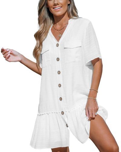 CUPSHE Pockets Button-front Mini Beach Dress - White