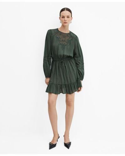 Mango Puff-sleeved Embroidered Dress - Green