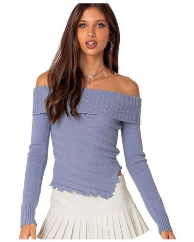 Edikted Sonya Fold Over Knit Sweater Top - Blue
