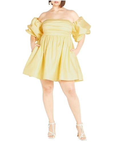 City Chic Plus Size Elisa Puff Sleeve Dress - Yellow