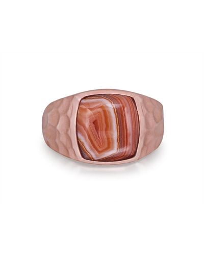 LuvMyJewelry Red Lace Agate Gemstone Hammered Texture Rose Gold Plated Silver Signet Ring - White