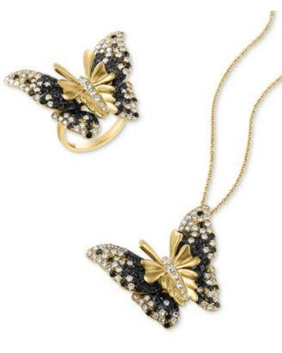 Effy Effy Black Diamond White Diamond Butterfly Necklace Ring Collection In 14k Gold - Metallic