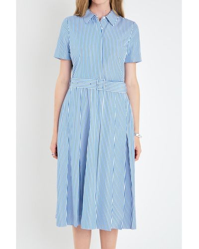 English Factory Striped Belted Midi Dress - Blue