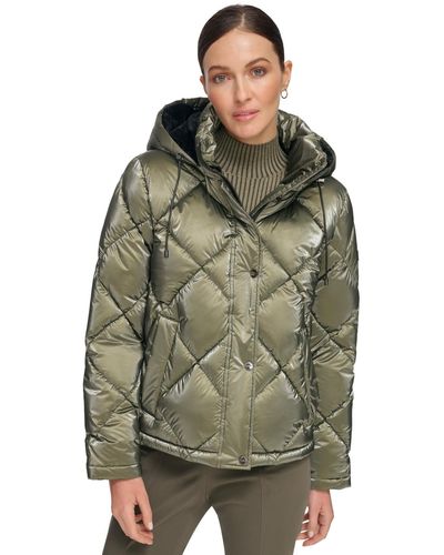 DKNY Diamond Quilted Hooded Puffer Coat - Green