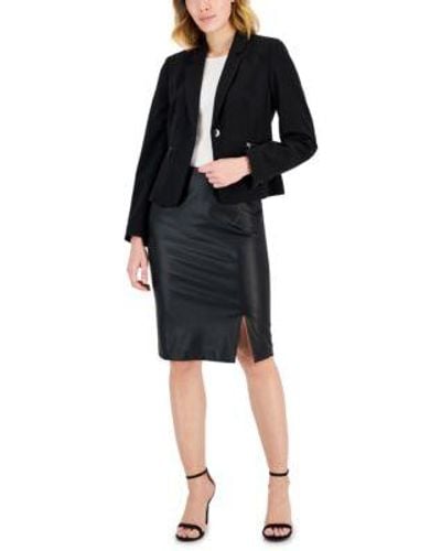 Tahari Long Sleeve Zip Pocket Blazer Faux Leather Slit Front Pencil Skirt - Black