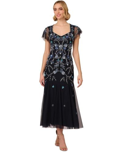 Adrianna Papell Embellished Godet-pleated Dress - Black