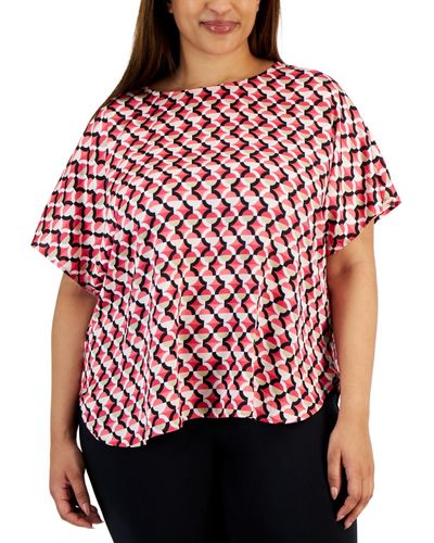 Anne Klein Plus Size Printed Bateau-neck Short-sleeve Blouse - Red
