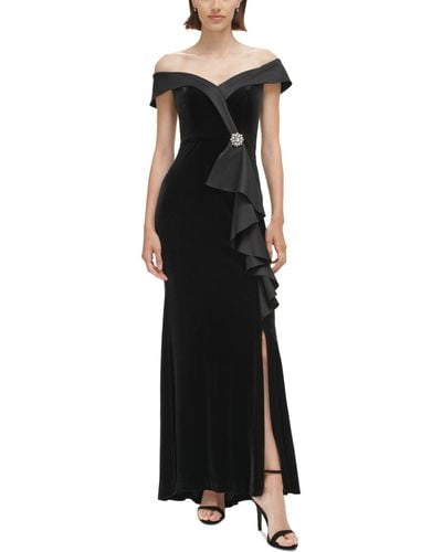 Jessica Howard Satin-trimmed Velvet Off-the-shoulder Gown - Black