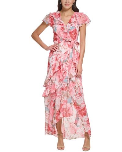 Eliza J Floral-print Chiffon Asymmetrical-ruffled Faux-wrap Maxi Dress - Pink