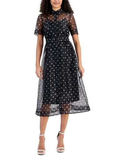 Anne Klein Belted Polka Dot Tea Dress - Black