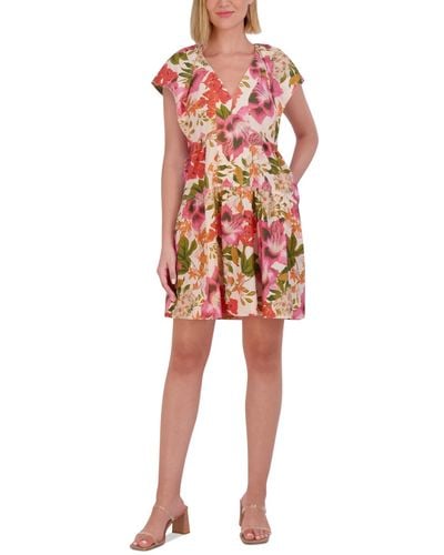 Vince Camuto Floral Cap-sleeve A-line Dress - Red