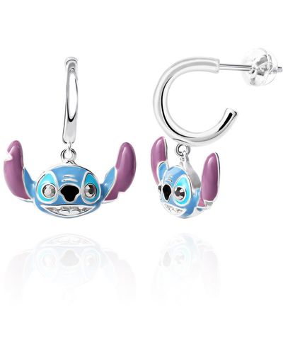 Disney Stitch Silver Plated Enamel Charm Hoop Earrings - Blue