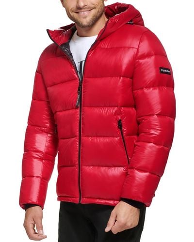 Calvin Klein High Shine Hooded Puffer Jacket - Red