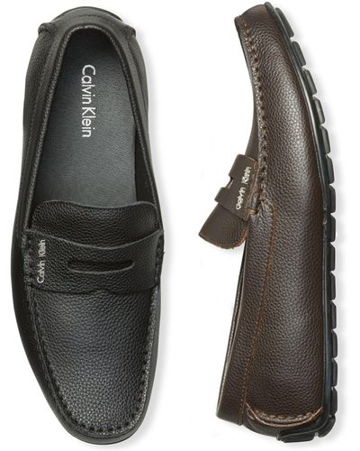 CALVIN KLEIN 205W39NYC Men's Ivan Tumbled Leather Penny Driver Loafers - Brown