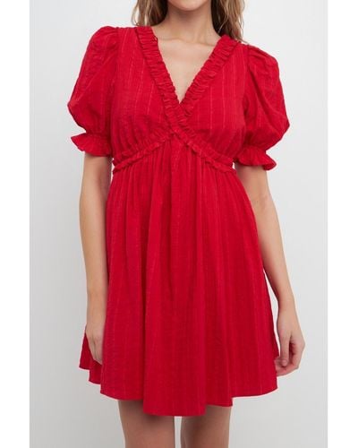 Free the Roses Double Ruffled Band Mini Puff Sleeve Dress - Red