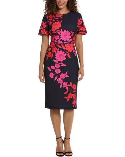 London Times Floral Flutter-sleeve Midi Dress - Red