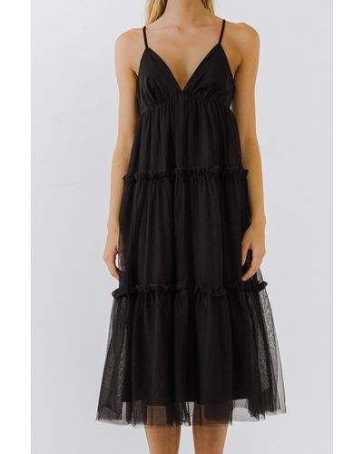 English Factory Tulle Contrast Midi Dress - Black