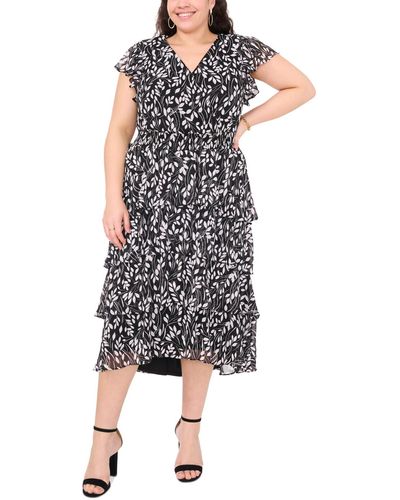 Msk Plus Size Printed Chiffon Flutter-sleeve Maxi Dress - Black