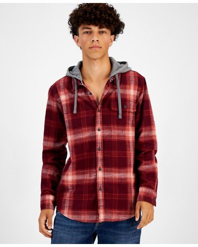 Sun & Stone Sun + Stone Andrew Plaid Hooded Flannel Shirt - Red