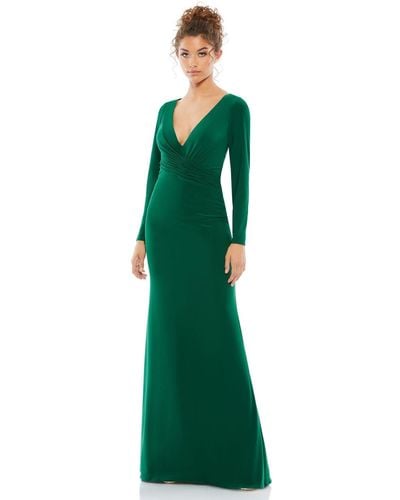 Mac Duggal Ieena Long Sleeve Ruched Jersey V-neck Gown - Green