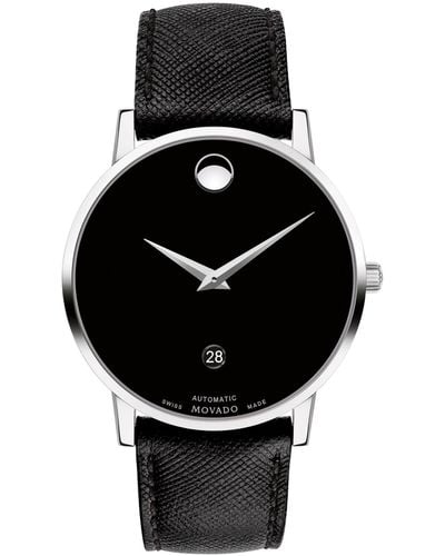 Movado Swiss Automatic Museum Black Calfskin Leather Strap Watch 40mm