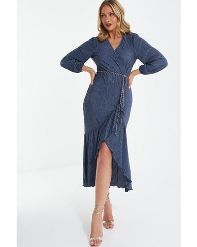 Quiz Long Sleeve Belted Wrap Midi Dress - Blue