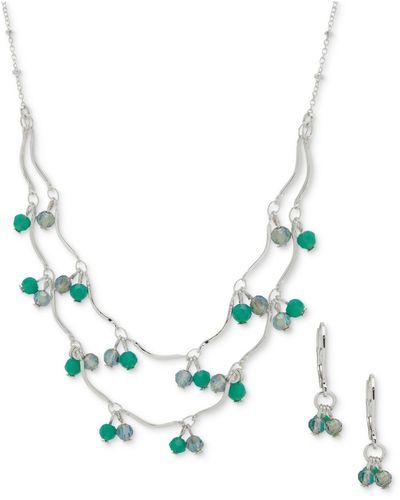 Anne Klein Silver-tone Shaky Bead Layered Statement Necklace & Drop Earrings Set - Metallic