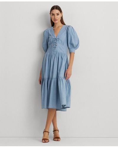 Lauren by Ralph Lauren Cotton Puff-sleeve Dress - Blue