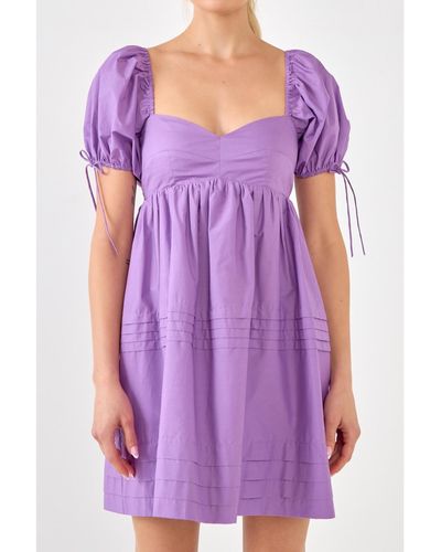 English Factory Pleated Detail Puff Sleeve Mini Dress - Purple