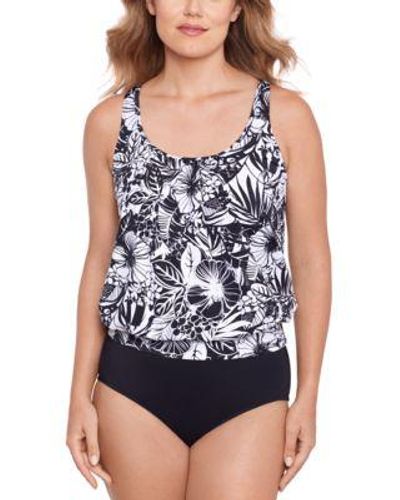 Swim Solutions Printed Shirred Neck Blouson Tankini Mid Rise Bikini Bottoms Created For Macys - Black
