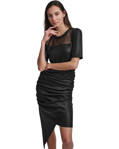 DKNY Mesh-yoke Foil Rib-knit Asymmetric-hem Dress - Black