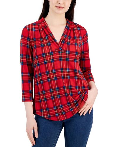 Charter Club Petite Plaid Pleated-neck 3/4-sleeve Top - Red