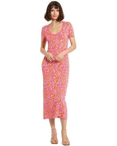 Mac Duggal Short Sleeve Scoop Neck Floral Knit Maxi Dress - Red