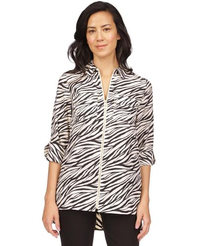 Michael Kors Animal-print Zip-front Roll-tab-sleeve Top, Regular & Petite - White