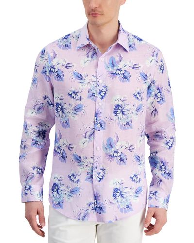 Club Room Noche Floral-print Long-sleeve Linen Shirt - Blue