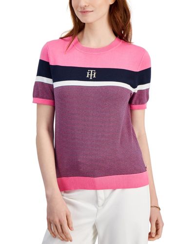 Tommy Hilfiger Cotton Colorblocked Short-sleeve Sweater - Red
