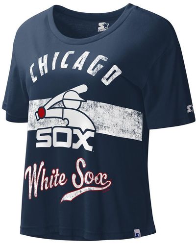 Starter Distressed Chicago White Sox Cooperstown Collection Record Setter Crop Top - Blue