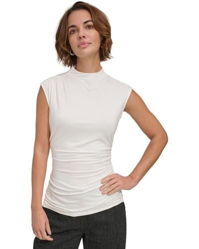 DKNY Petite Ruched High-neck Sleeveless Top - White