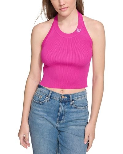 Calvin Klein Ribbed Embroidered-logo Cropped Halter Top - Purple