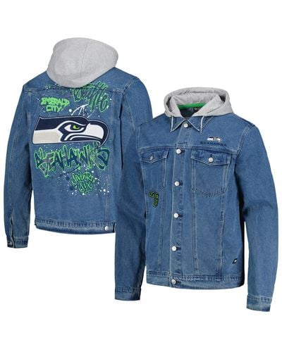 The Wild Collective Seattle Seahawks Hooded Full-button Denim Jacket - Blue