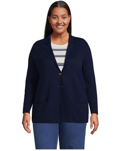 Lands' End Plus Size Fine Gauge Blazer Sweater - Blue