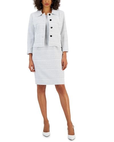Nipon Boutique Checkered Button-front Jacket & Sheath Dress Suit - White