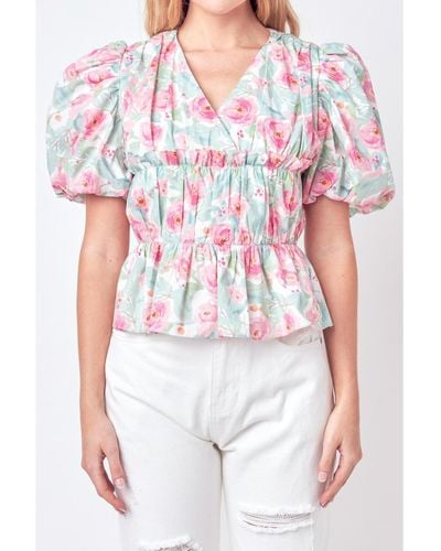 Free the Roses Floral Puff Sleeve Top - White